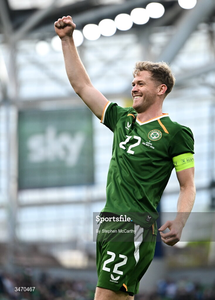 28 May 2026; Nathan Collins of Republic of Ireland celebrates after scoring his side's first goal during the international friendly match between Republic of Ireland and Qatar at the Aviva Stadium in Dublin. Photo by Stephen McCarthy/Sportsfile