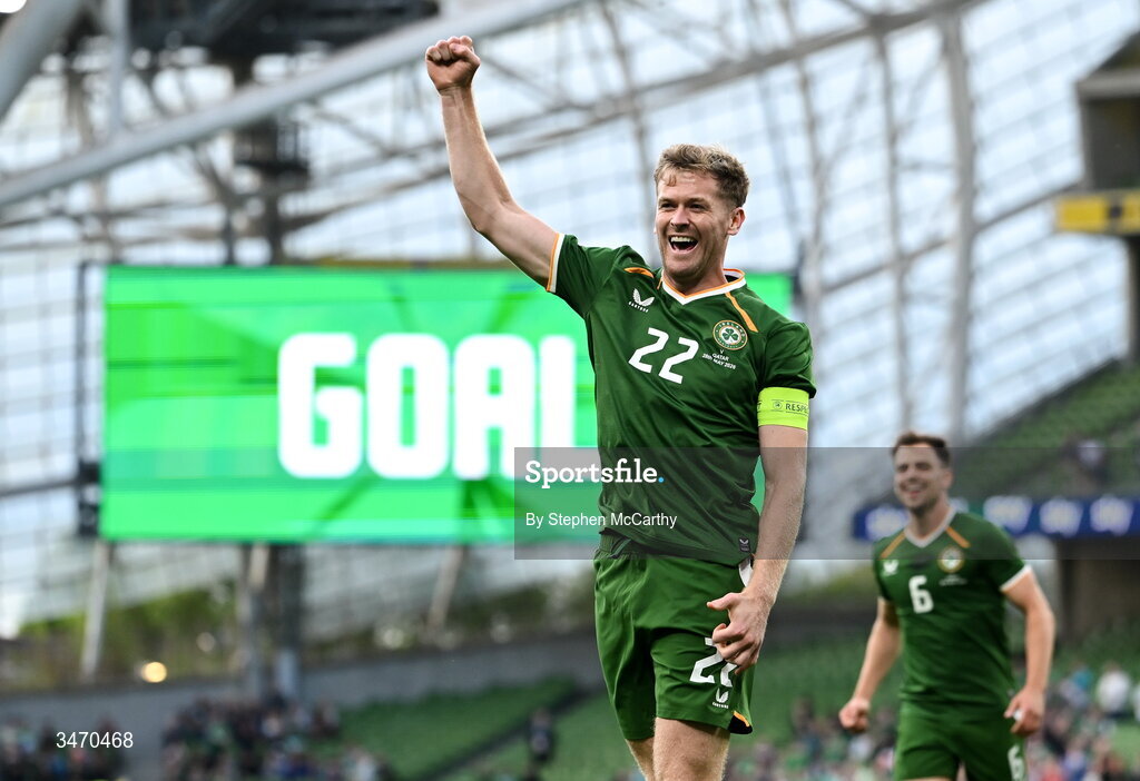 28 May 2026; Nathan Collins of Republic of Ireland celebrates after scoring his side's first goal during the international friendly match between Republic of Ireland and Qatar at the Aviva Stadium in Dublin. Photo by Stephen McCarthy/Sportsfile