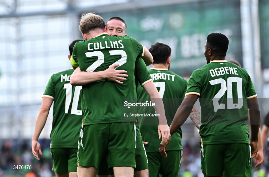 28 May 2026; Nathan Collins of Republic of Ireland, 22, celebrates with teammate Jack Moylan, right, after scoring their side's first goal during the international friendly match between Republic of Ireland and Qatar at the Aviva Stadium in Dublin. Photo by Stephen McCarthy/Sportsfile