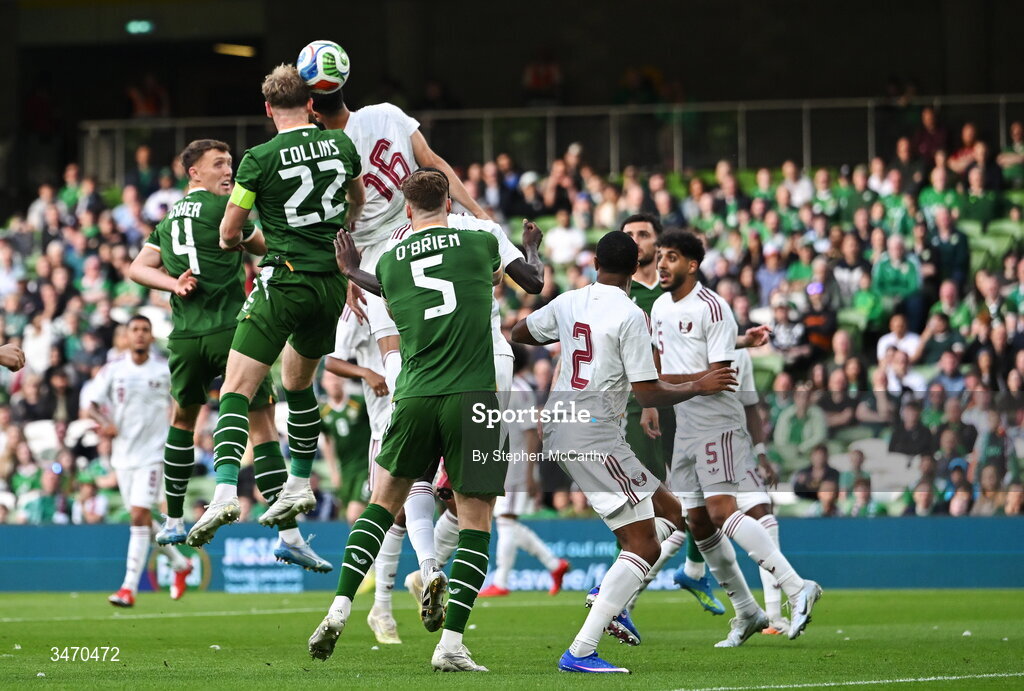 28 May 2026; Nathan Collins of Republic of Ireland, 22, scores his side's first goal during the international friendly match between Republic of Ireland and Qatar at the Aviva Stadium in Dublin. Photo by Stephen McCarthy/Sportsfile