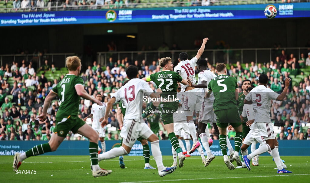 28 May 2026; Nathan Collins of Republic of Ireland, 22, scores his side's first goal during the international friendly match between Republic of Ireland and Qatar at the Aviva Stadium in Dublin. Photo by Stephen McCarthy/Sportsfile
