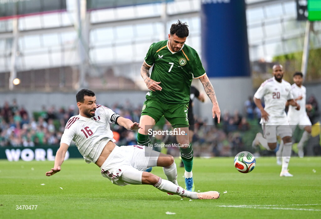 28 May 2026; Troy Parrott of Republic of Ireland in action against Boualem Khoukhi of Qatar during the international friendly match between Republic of Ireland and Qatar at the Aviva Stadium in Dublin. Photo by Stephen McCarthy/Sportsfile