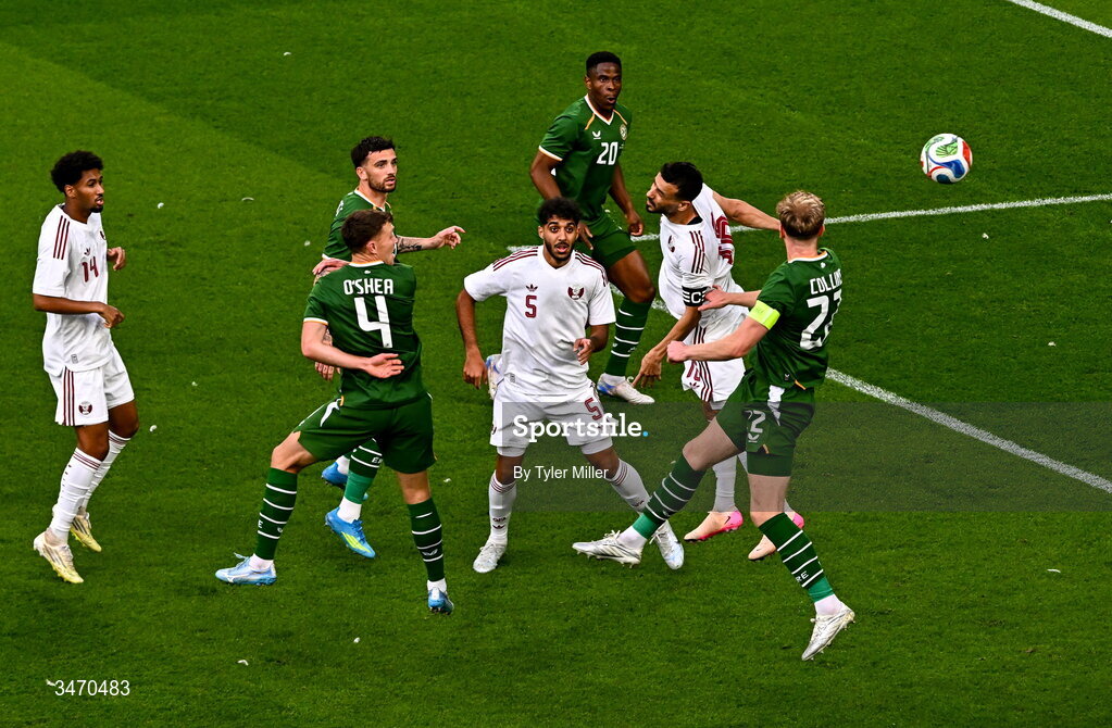 28 May 2026; Nathan Collins of Republic of Ireland, right, scores his side's first goal during the international friendly match between Republic of Ireland and Qatar at the Aviva Stadium in Dublin. Photo by Tyler Miller/Sportsfile