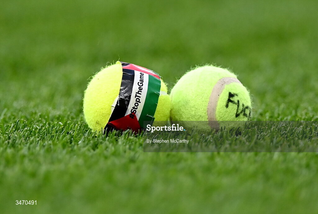 28 May 2026; Tennis balls on the pitch during the international friendly match between Republic of Ireland and Qatar at the Aviva Stadium in Dublin. Photo by Stephen McCarthy/Sportsfile