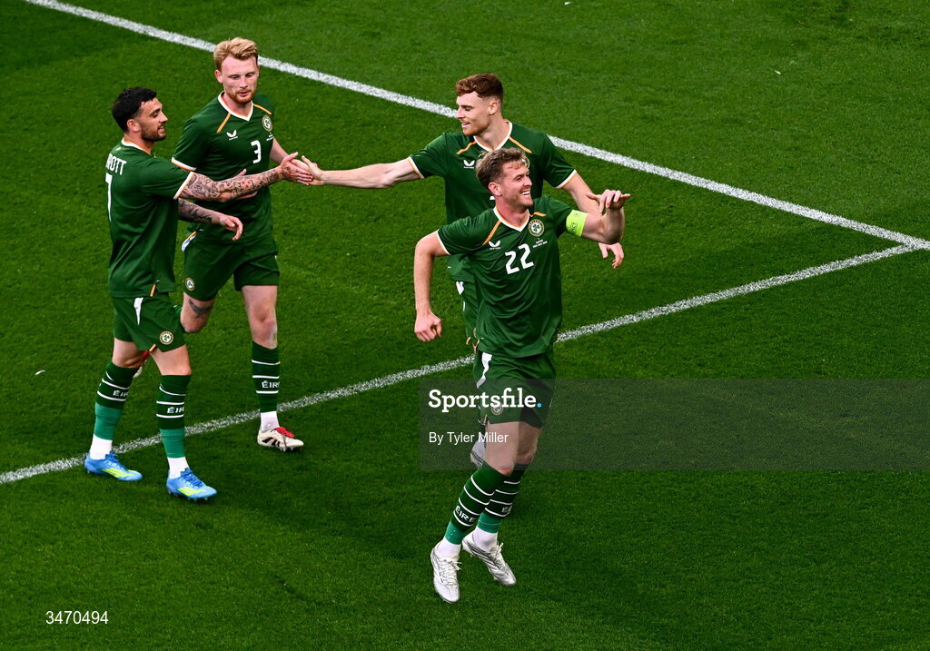28 May 2026; Nathan Collins of Republic of Ireland, right, celebrates after scoring his side's first goal during the international friendly match between Republic of Ireland and Qatar at the Aviva Stadium in Dublin. Photo by Tyler Miller/Sportsfile