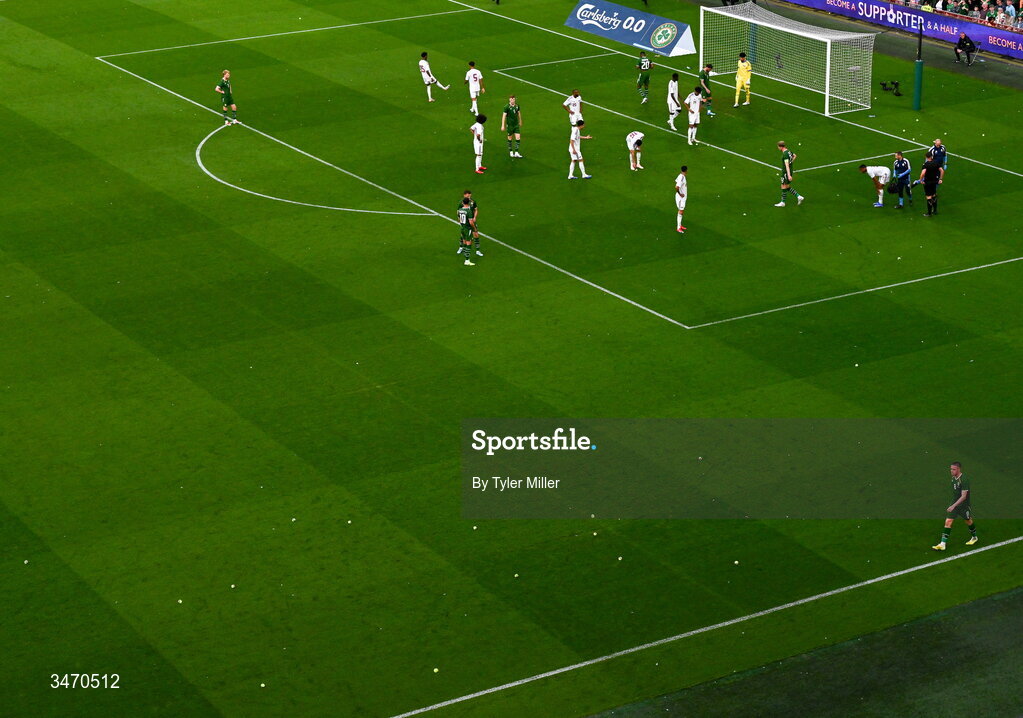 28 May 2026; A general view as tennis balls are thrown onto the pitch during the international friendly match between Republic of Ireland and Qatar at the Aviva Stadium in Dublin. Photo by Tyler Miller/Sportsfile