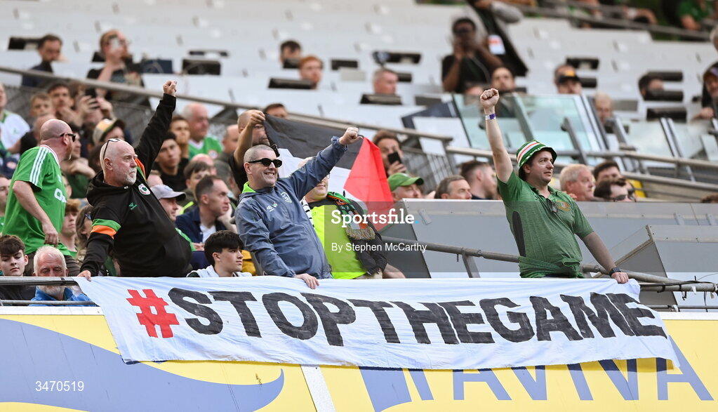 28 May 2026; Supporters protest during the international friendly match between Republic of Ireland and Qatar at the Aviva Stadium in Dublin. Photo by Stephen McCarthy/Sportsfile