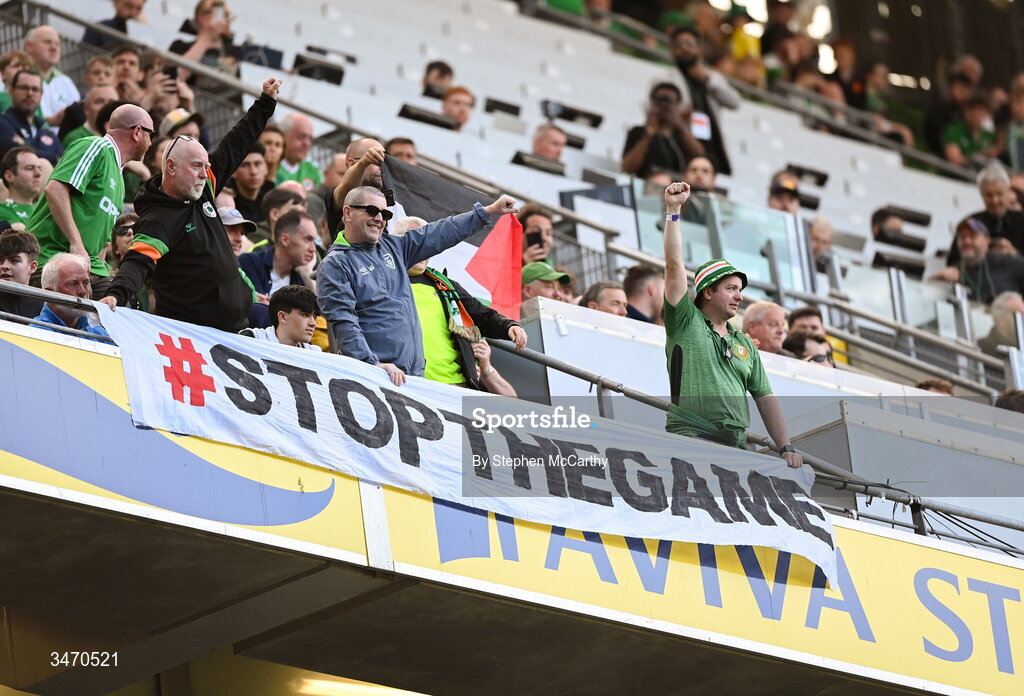 28 May 2026; Supporters protest during the international friendly match between Republic of Ireland and Qatar at the Aviva Stadium in Dublin. Photo by Stephen McCarthy/Sportsfile