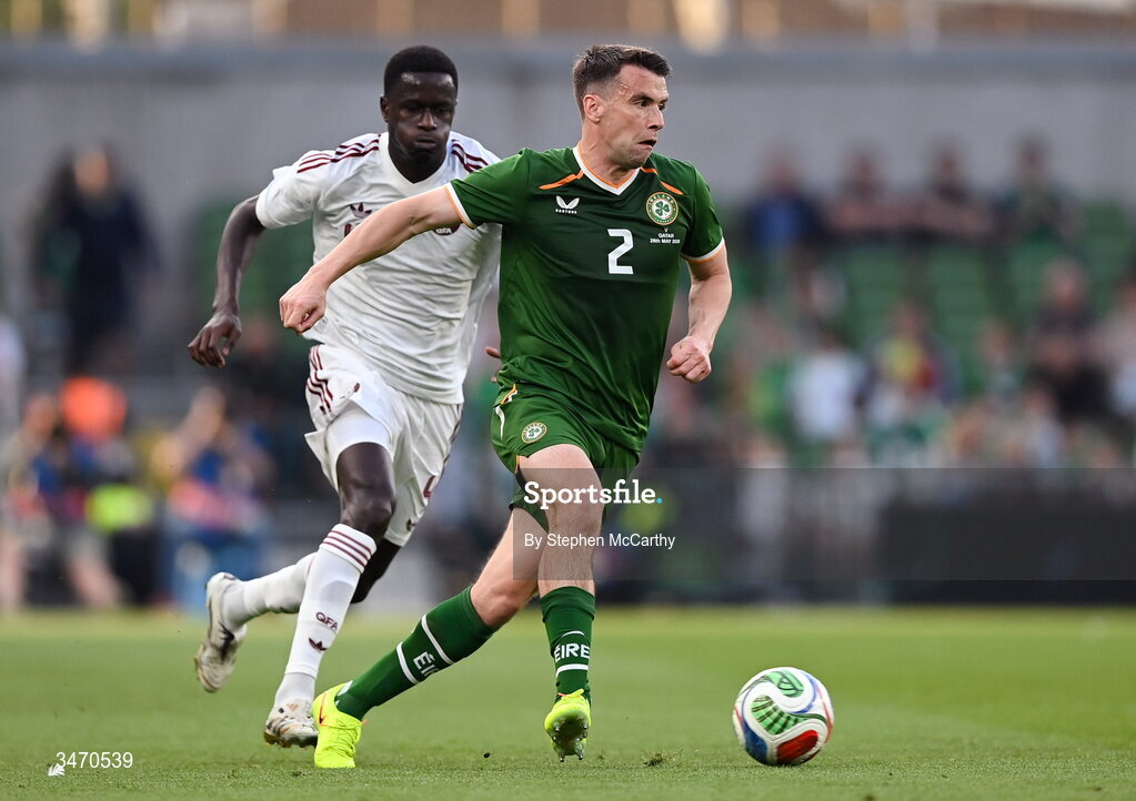 28 May 2026; Seamus Coleman of Republic of Ireland in action against Issa Laye of Qatar during the international friendly match between Republic of Ireland and Qatar at the Aviva Stadium in Dublin. Photo by Stephen McCarthy/Sportsfile