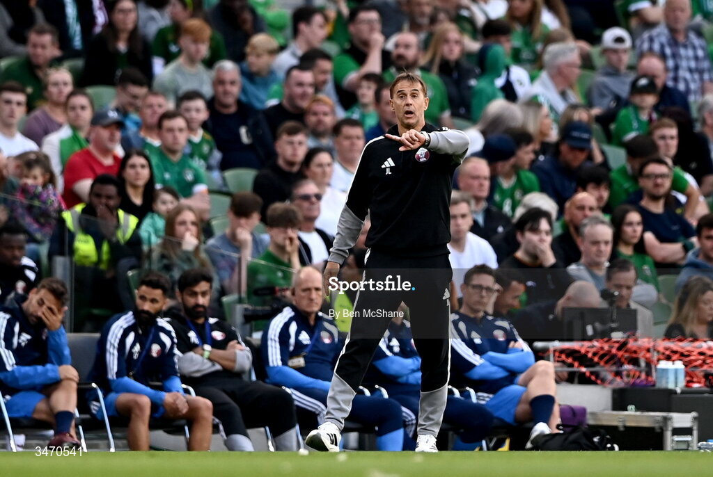 28 May 2026; Qatar head coach Julen Lopetegui during the international friendly match between Republic of Ireland and Qatar at the Aviva Stadium in Dublin. Photo by Ben McShane/Sportsfile