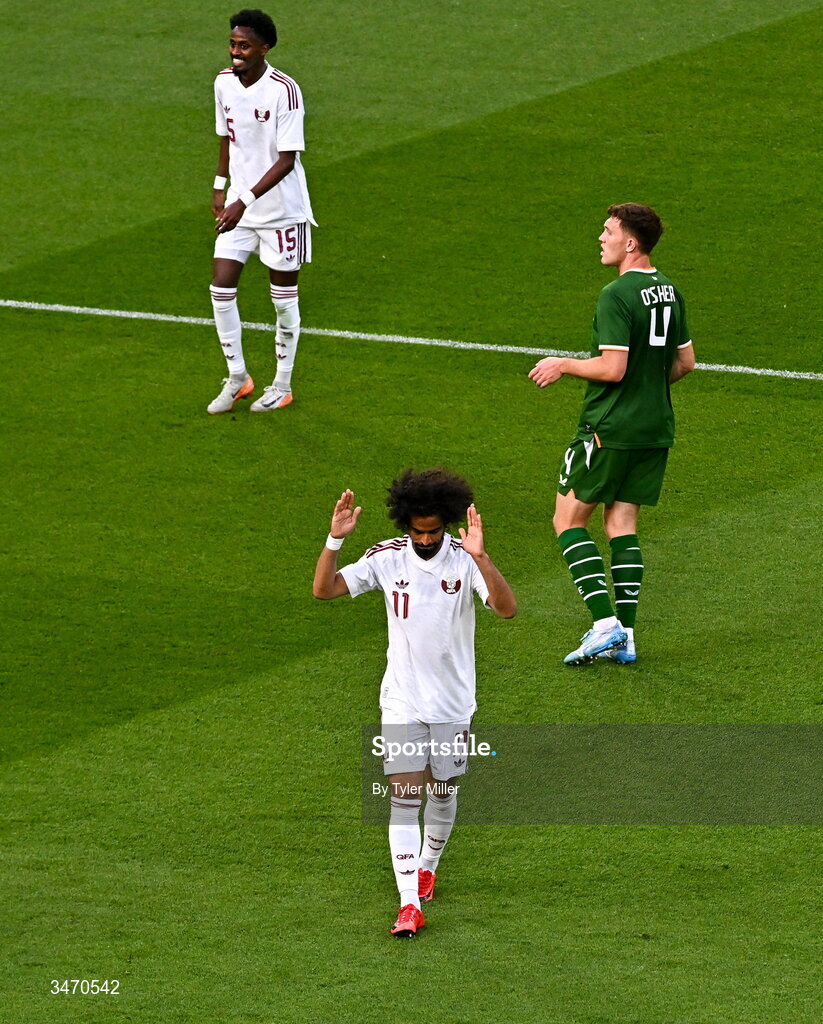 28 May 2026; Akram Afif of Qatar reacts during the international friendly match between Republic of Ireland and Qatar at the Aviva Stadium in Dublin. Photo by Tyler Miller/Sportsfile