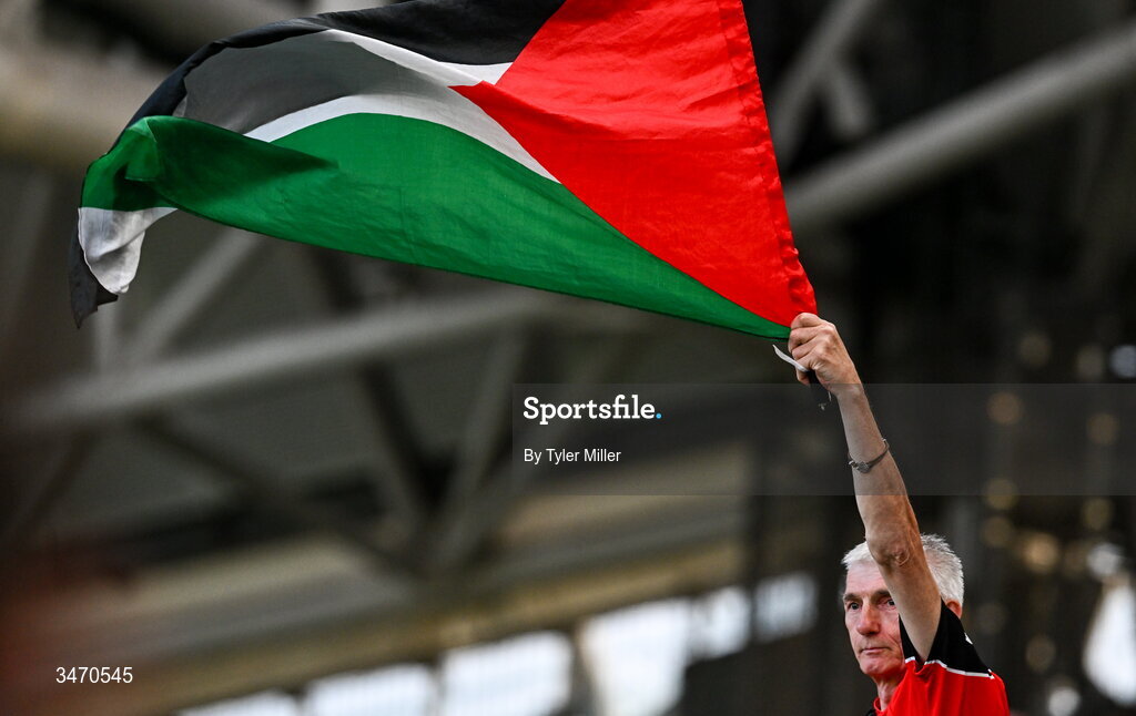 28 May 2026; A supporter waves the flag of Palestine during the international friendly match between Republic of Ireland and Qatar at the Aviva Stadium in Dublin. Photo by Tyler Miller/Sportsfile