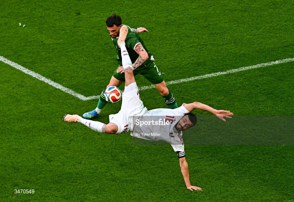 28 May 2026; Boualem Khoukhi of Qatar and Troy Parrott of Republic of Ireland during the international friendly match between Republic of Ireland and Qatar at the Aviva Stadium in Dublin. Photo by Tyler Miller/Sportsfile