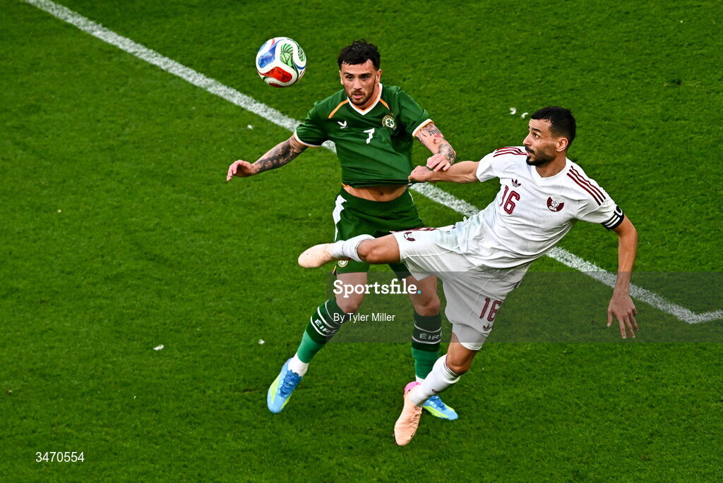 28 May 2026; Troy Parrott of Republic of Ireland in action against Boualem Khoukhi of Qatar during the international friendly match between Republic of Ireland and Qatar at the Aviva Stadium in Dublin. Photo by Tyler Miller/Sportsfile