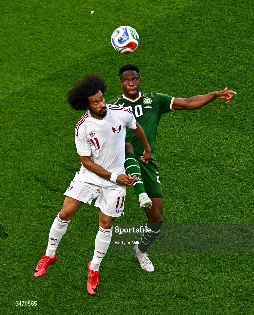 28 May 2026; Chiedozie Ogbene of Republic of Ireland in action against Akram Afif of Qatar during the international friendly match between Republic of Ireland and Qatar at the Aviva Stadium in Dublin. Photo by Tyler Miller/Sportsfile