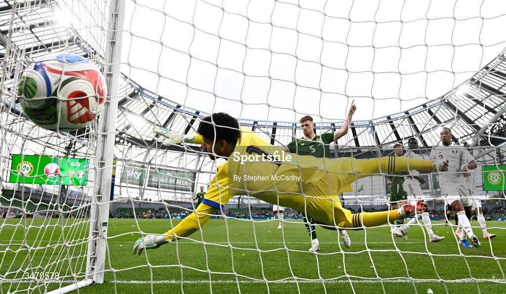 28 May 2026; Nathan Collins of Republic of Ireland, hidden, celebrates after scoring his side's first goal during the international friendly match between Republic of Ireland and Qatar at the Aviva Stadium in Dublin. Photo by Stephen McCarthy/Sportsfile