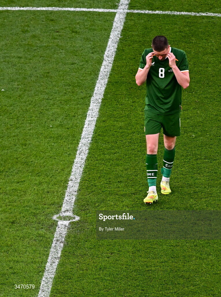 28 May 2026; Jack Moylan of Republic of Ireland reacts after being shown a red card during the international friendly match between Republic of Ireland and Qatar at the Aviva Stadium in Dublin. Photo by Tyler Miller/Sportsfile