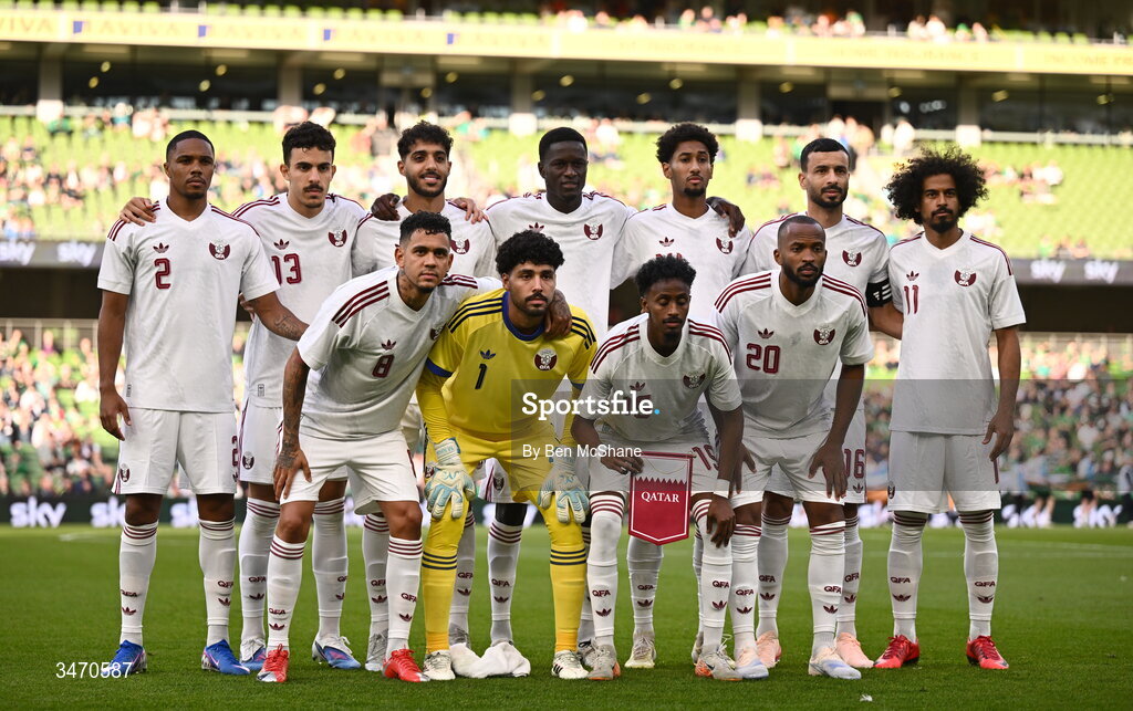 28 May 2026; The Qatar team before the international friendly match between Republic of Ireland and Qatar at the Aviva Stadium in Dublin. Photo by Ben McShane/Sportsfile
