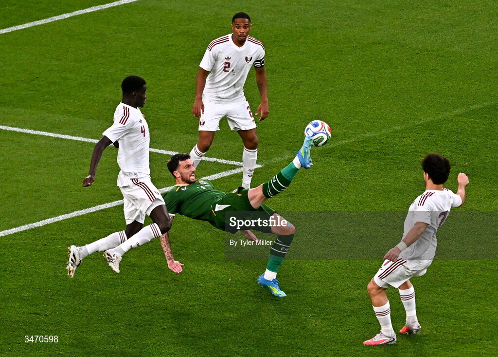 28 May 2026; Troy Parrott of Republic of Ireland attempts and overhead kick during the international friendly match between Republic of Ireland and Qatar at the Aviva Stadium in Dublin. Photo by Tyler Miller/Sportsfile