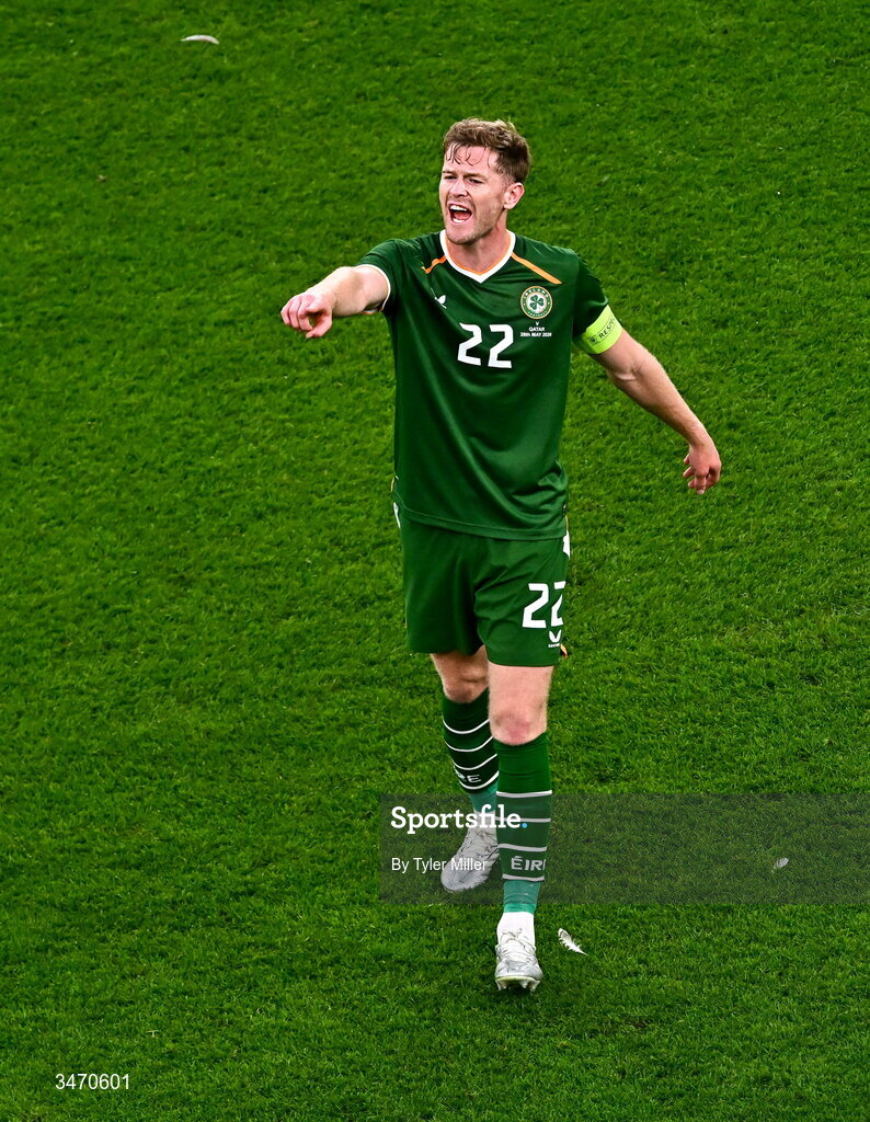 28 May 2026; Nathan Collins of Republic of Ireland during the international friendly match between Republic of Ireland and Qatar at the Aviva Stadium in Dublin. Photo by Tyler Miller/Sportsfile