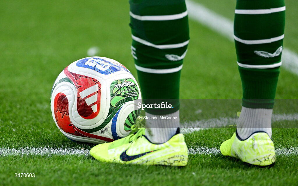 28 May 2026; A view of the matchball during the international friendly match between Republic of Ireland and Qatar at the Aviva Stadium in Dublin. Photo by Stephen McCarthy/Sportsfile