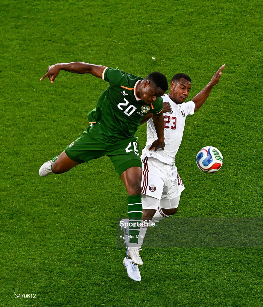 28 May 2026; Chiedozie Ogbene of Republic of Ireland in action against Assim Madibo of Qatar during the international friendly match between Republic of Ireland and Qatar at the Aviva Stadium in Dublin. Photo by Tyler Miller/Sportsfile