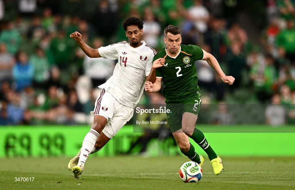 28 May 2026; Seamus Coleman of Republic of Ireland in action against Hommam Elamin of Qatar during the international friendly match between Republic of Ireland and Qatar at the Aviva Stadium in Dublin. Photo by Ben McShane/Sportsfile