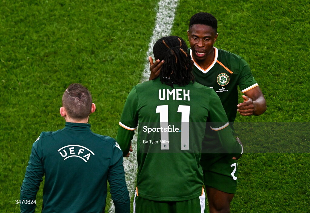 28 May 2026; Jaden Umeh of Republic of Ireland, 11, comes on for teammates Chiedozie Ogbene during the international friendly match between Republic of Ireland and Qatar at the Aviva Stadium in Dublin. Photo by Tyler Miller/Sportsfile