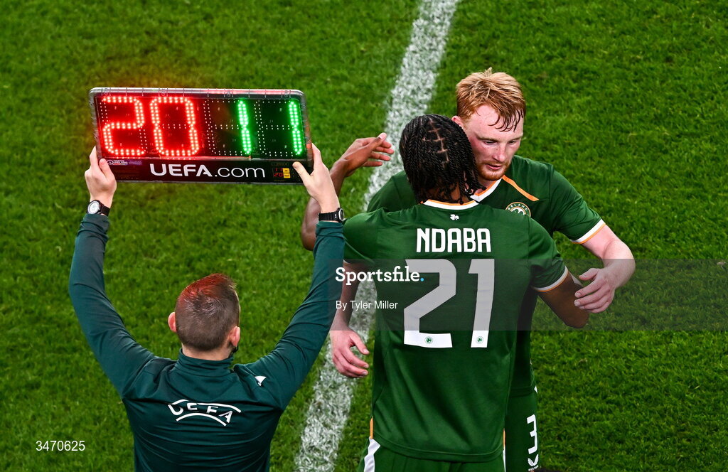 28 May 2026; Corrie Ndaba of Republic of Ireland, 21, comes on for teammate Liam Scales during the international friendly match between Republic of Ireland and Qatar at the Aviva Stadium in Dublin. Photo by Tyler Miller/Sportsfile