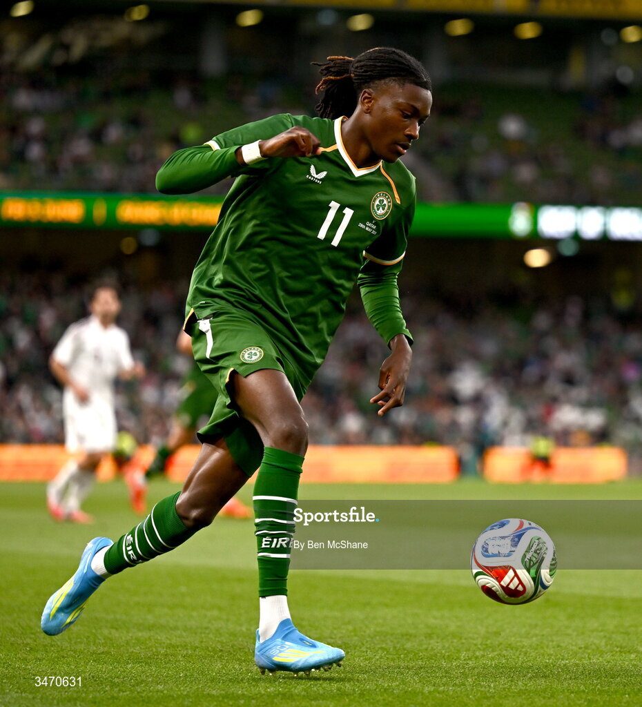 28 May 2026; Jaden Umeh of Republic of Ireland during the international friendly match between Republic of Ireland and Qatar at the Aviva Stadium in Dublin. Photo by Ben McShane/Sportsfile