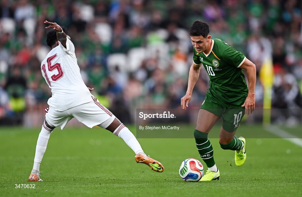 28 May 2026; Jamie McGrath of Republic of Ireland in action against Yusuf Abdurisag of Qatar during the international friendly match between Republic of Ireland and Qatar at the Aviva Stadium in Dublin. Photo by Stephen McCarthy/Sportsfile