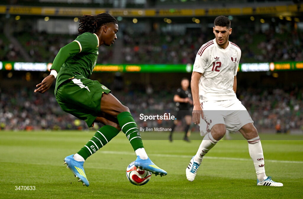 28 May 2026; Jaden Umeh of Republic of Ireland in action against Karim Boudiaf of Qatar during the international friendly match between Republic of Ireland and Qatar at the Aviva Stadium in Dublin. Photo by Ben McShane/Sportsfile