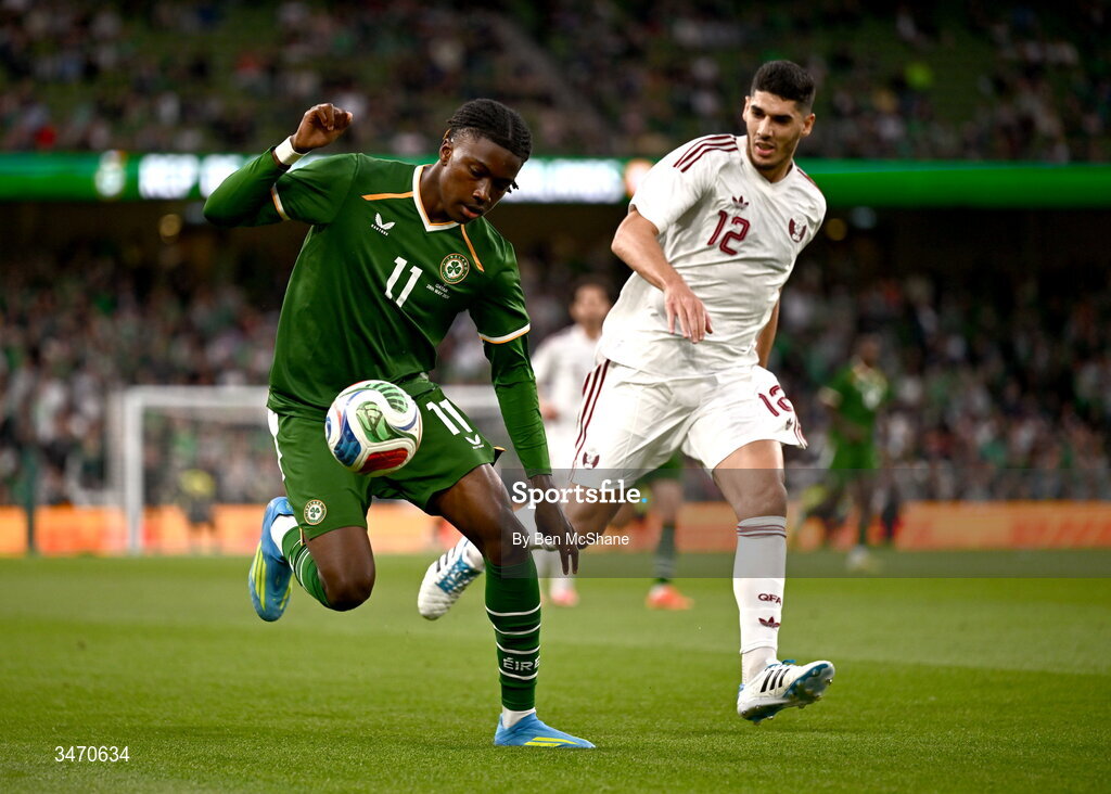 28 May 2026; Jaden Umeh of Republic of Ireland in action against Karim Boudiaf of Qatar during the international friendly match between Republic of Ireland and Qatar at the Aviva Stadium in Dublin. Photo by Ben McShane/Sportsfile