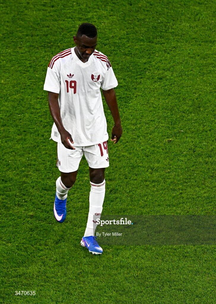 28 May 2026; Almoez Ali of Qatar leaves the pitch after being shown a red card during the international friendly match between Republic of Ireland and Qatar at the Aviva Stadium in Dublin. Photo by Tyler Miller/Sportsfile