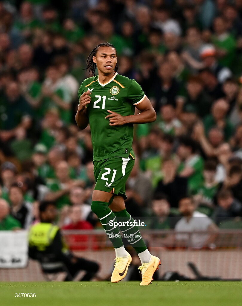 28 May 2026; Corrie Ndaba of Republic of Ireland during the international friendly match between Republic of Ireland and Qatar at the Aviva Stadium in Dublin. Photo by Ben McShane/Sportsfile
