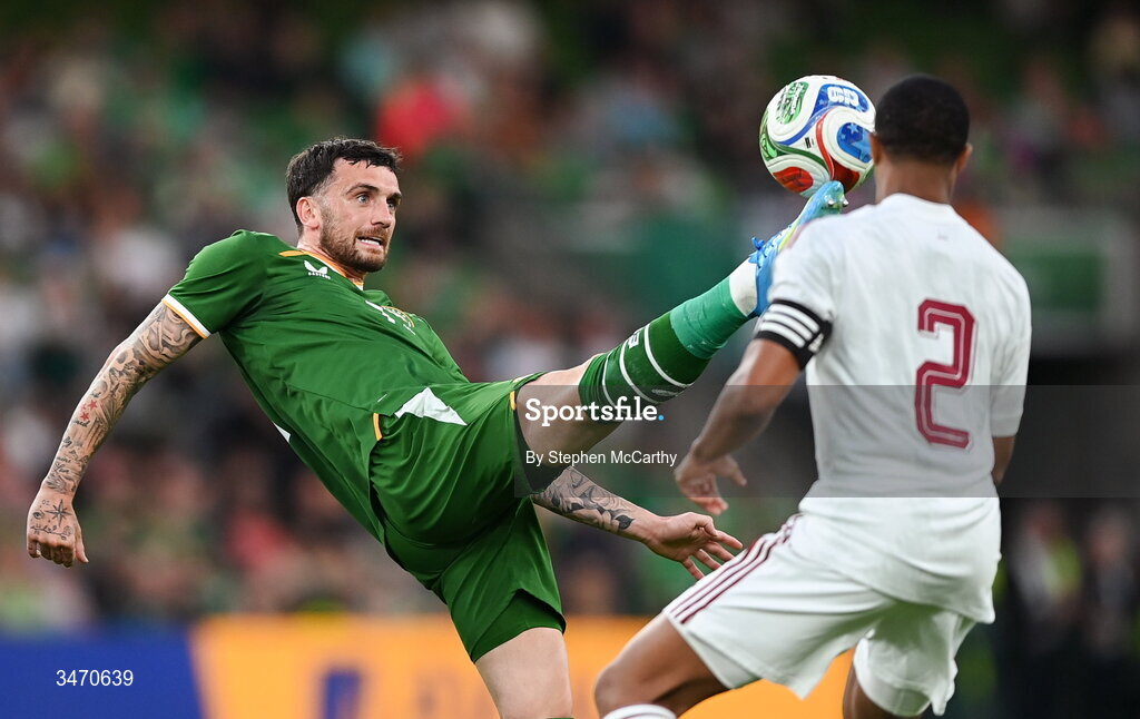 28 May 2026; Troy Parrott of Republic of Ireland in action against Pedro Miguel of Qatar during the international friendly match between Republic of Ireland and Qatar at the Aviva Stadium in Dublin. Photo by Stephen McCarthy/Sportsfile