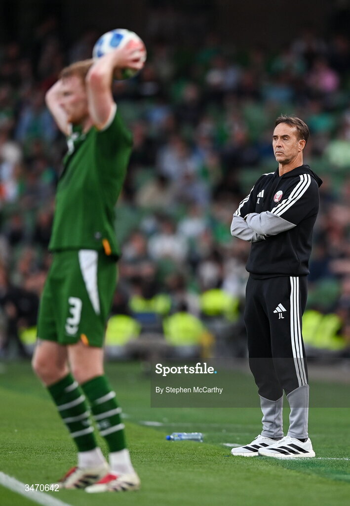 28 May 2026; Qatar head coach Julen Lopetegui during the international friendly match between Republic of Ireland and Qatar at the Aviva Stadium in Dublin. Photo by Stephen McCarthy/Sportsfile