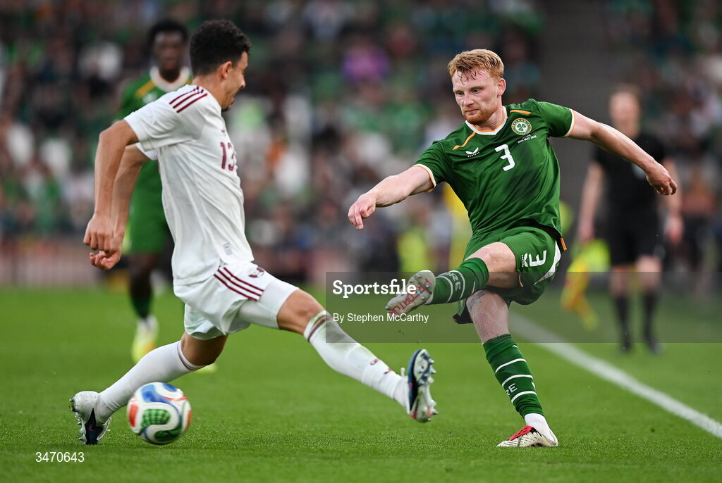 28 May 2026; Liam Scales of Republic of Ireland in action against Ayoub Al-Oui of Qatar during the international friendly match between Republic of Ireland and Qatar at the Aviva Stadium in Dublin. Photo by Stephen McCarthy/Sportsfile