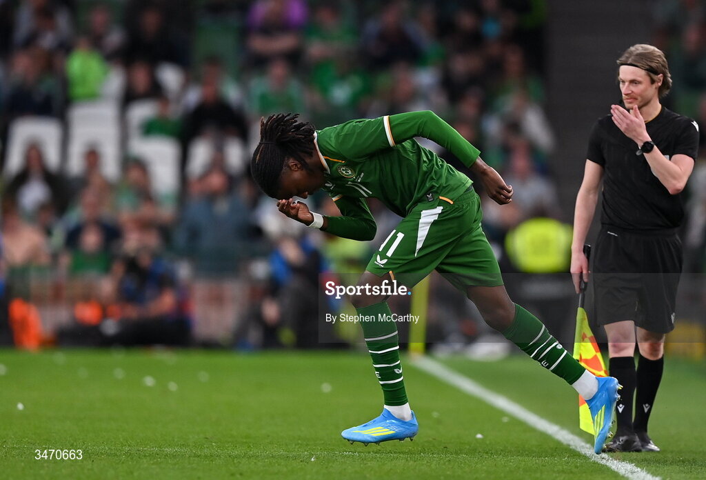28 May 2026; Jaden Umeh of Republic of Ireland during the international friendly match between Republic of Ireland and Qatar at the Aviva Stadium in Dublin. Photo by Stephen McCarthy/Sportsfile