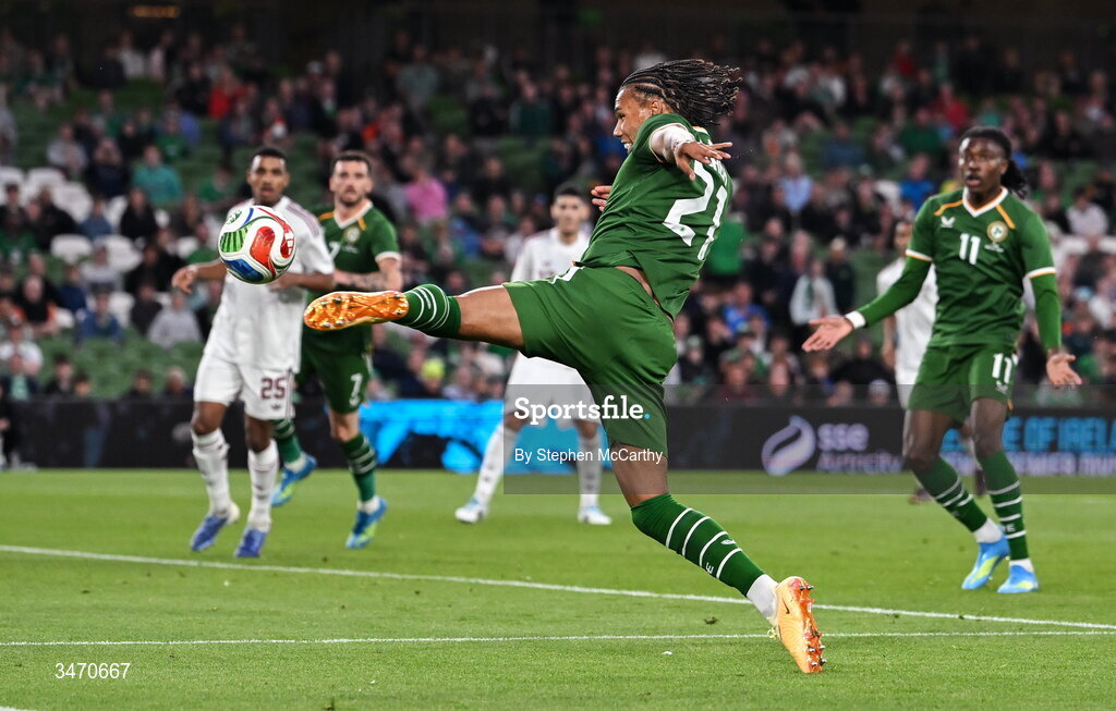 28 May 2026; Corrie Ndaba of Republic of Ireland during the international friendly match between Republic of Ireland and Qatar at the Aviva Stadium in Dublin. Photo by Stephen McCarthy/Sportsfile