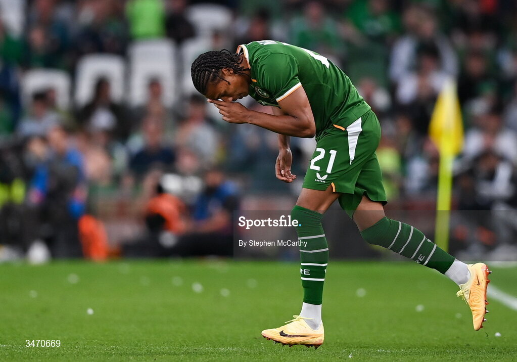 28 May 2026; Corrie Ndaba of Republic of Ireland during the international friendly match between Republic of Ireland and Qatar at the Aviva Stadium in Dublin. Photo by Stephen McCarthy/Sportsfile