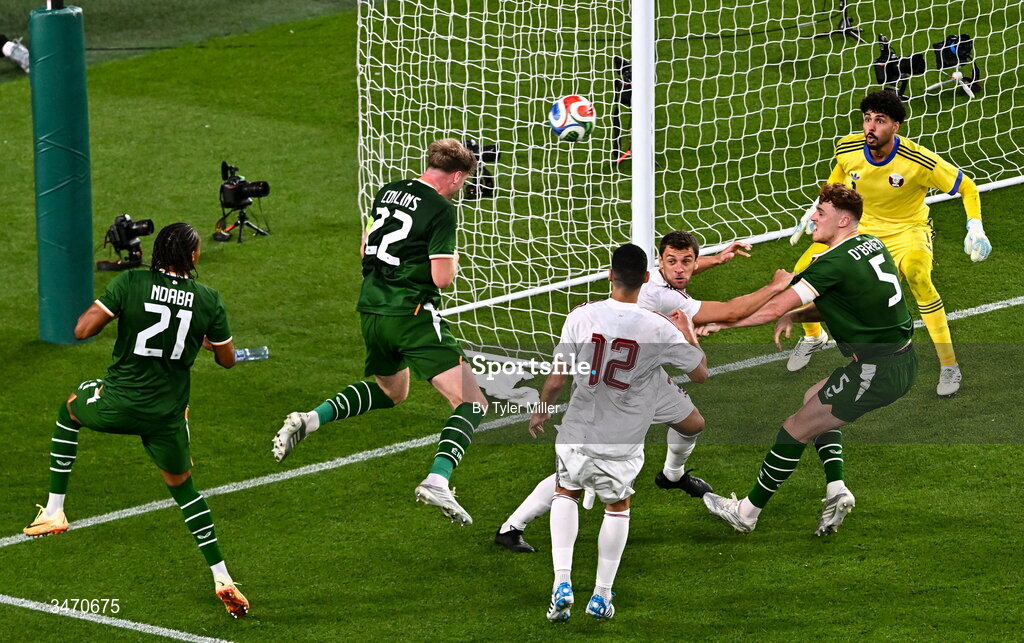 28 May 2026; Nathan Collins of Republic of Ireland, 22, heads at goal during the international friendly match between Republic of Ireland and Qatar at the Aviva Stadium in Dublin. Photo by Tyler Miller/Sportsfile