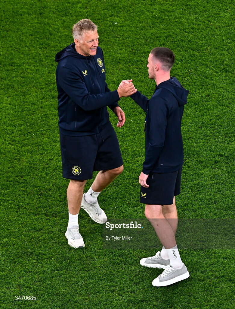 28 May 2026; Republic of Ireland head coach Heimir Hallgrimsson and Jack Moylan after the international friendly match between Republic of Ireland and Qatar at the Aviva Stadium in Dublin. Photo by Tyler Miller/Sportsfile