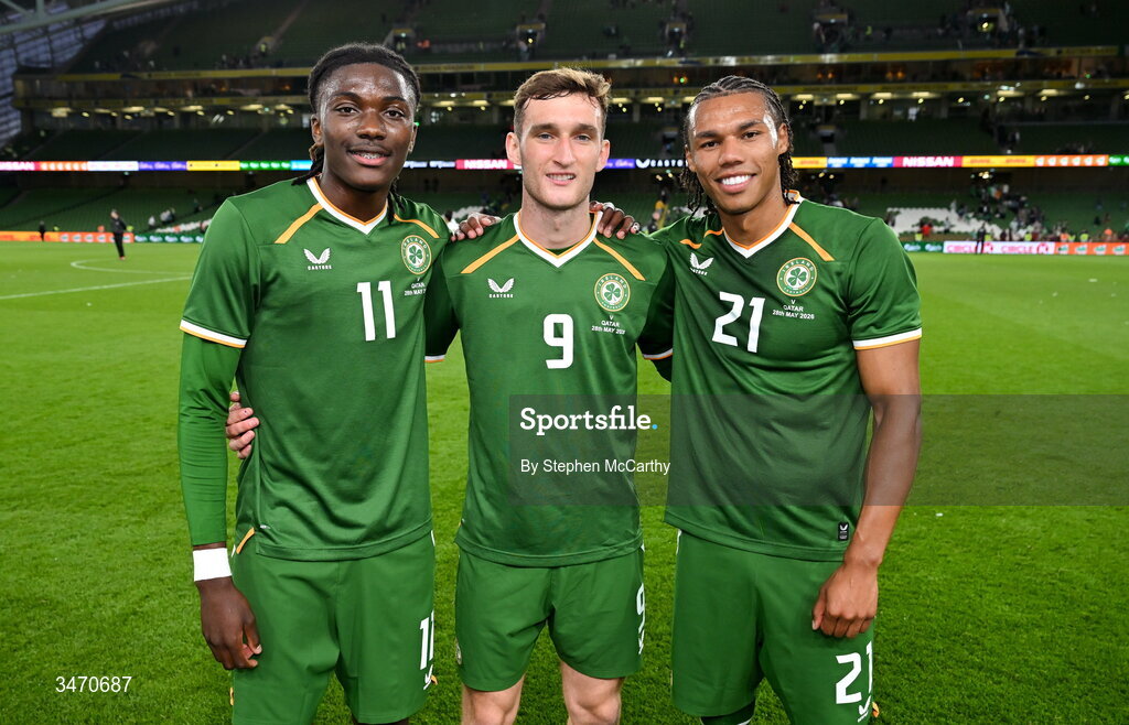 28 May 2026; Republic of Ireland players, from left, Jaden Umeh, Mason Melia, and Corrie Ndaba after the international friendly match between Republic of Ireland and Qatar at the Aviva Stadium in Dublin. Photo by Stephen McCarthy/Sportsfile