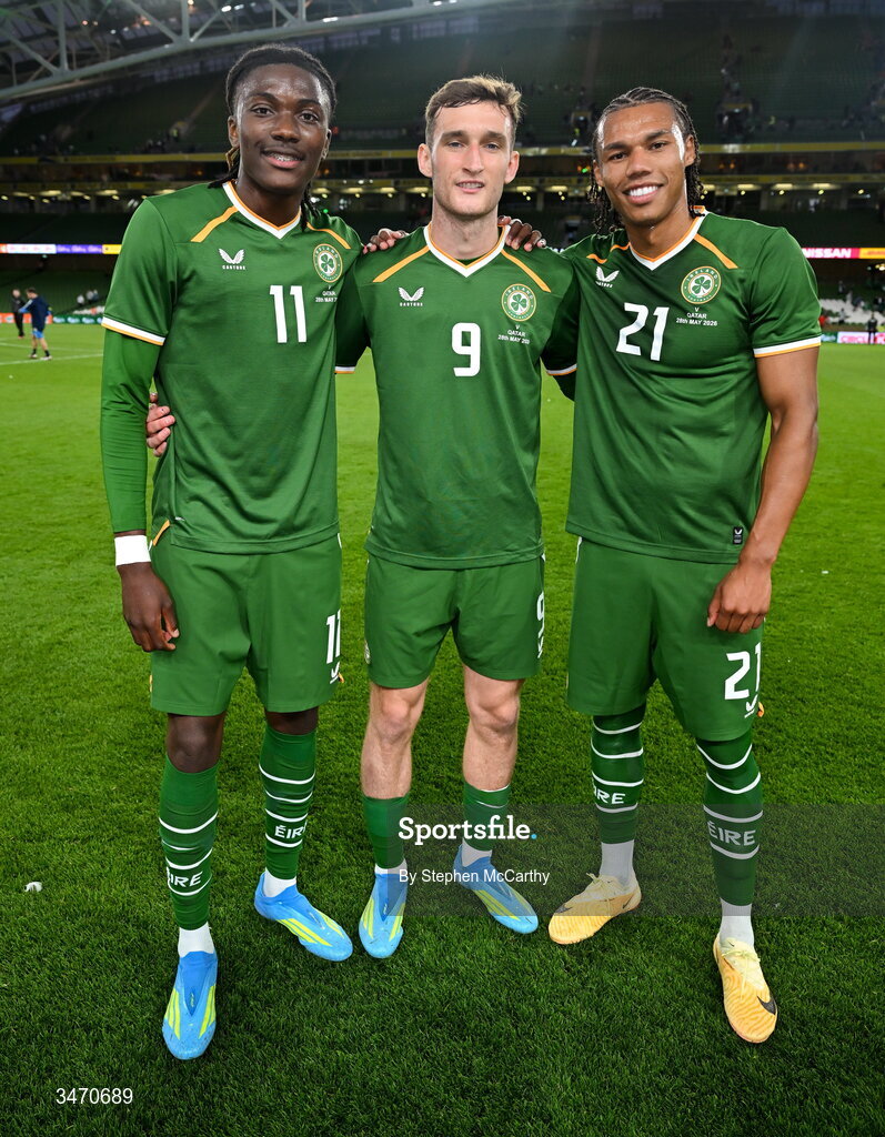 28 May 2026; Republic of Ireland players, from left, Jaden Umeh, Mason Melia, and Corrie Ndaba after the international friendly match between Republic of Ireland and Qatar at the Aviva Stadium in Dublin. Photo by Stephen McCarthy/Sportsfile