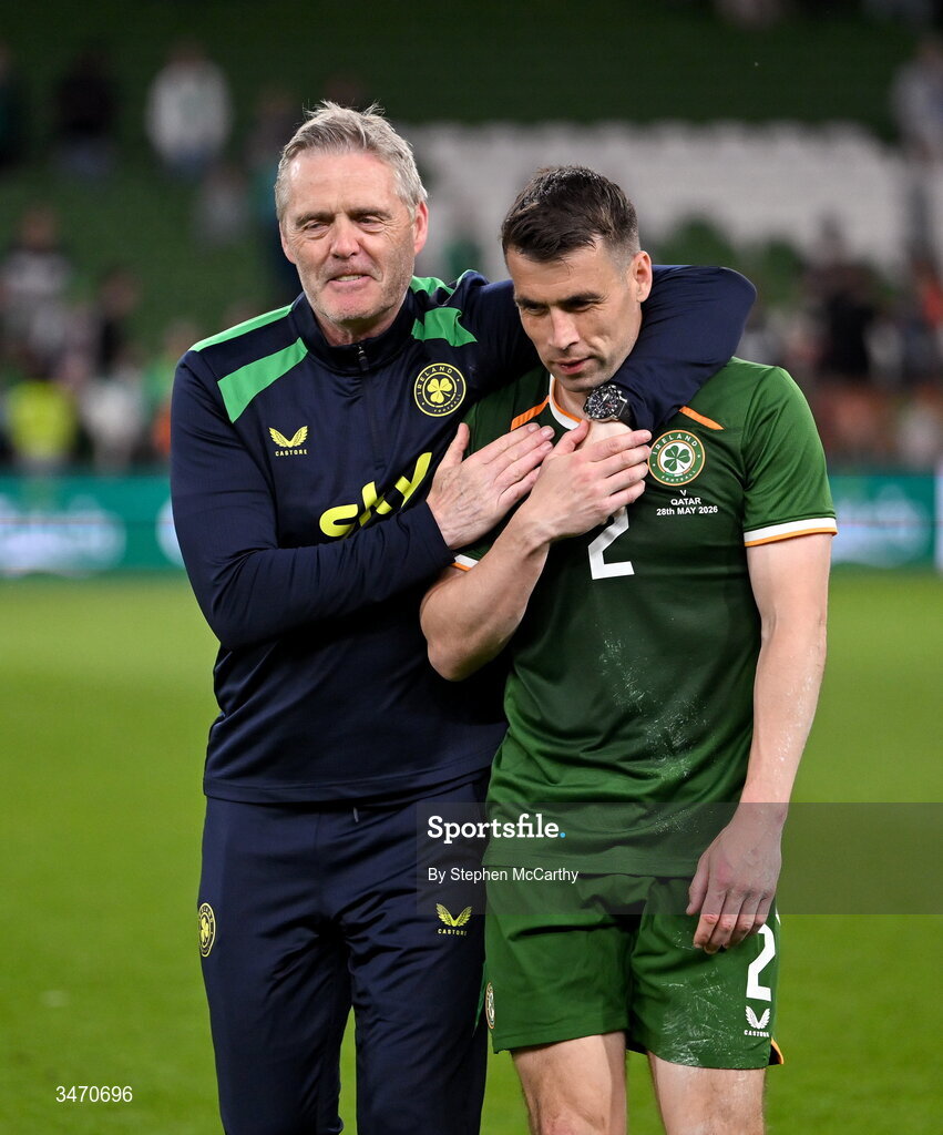 28 May 2026; Republic of Ireland goalkeeping coach Gudmundur Hreidarsson and Seamus Coleman after the international friendly match between Republic of Ireland and Qatar at the Aviva Stadium in Dublin. Photo by Stephen McCarthy/Sportsfile