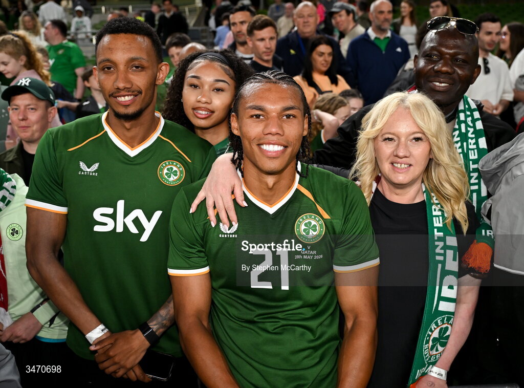 28 May 2026; Corrie Ndaba of Republic of Ireland with family after the international friendly match between Republic of Ireland and Qatar at the Aviva Stadium in Dublin. Photo by Stephen McCarthy/Sportsfile