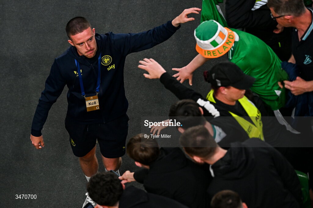 28 May 2026; Jack Moylan of Republic of Ireland with supporters after the international friendly match between Republic of Ireland and Qatar at the Aviva Stadium in Dublin. Photo by Tyler Miller/Sportsfile