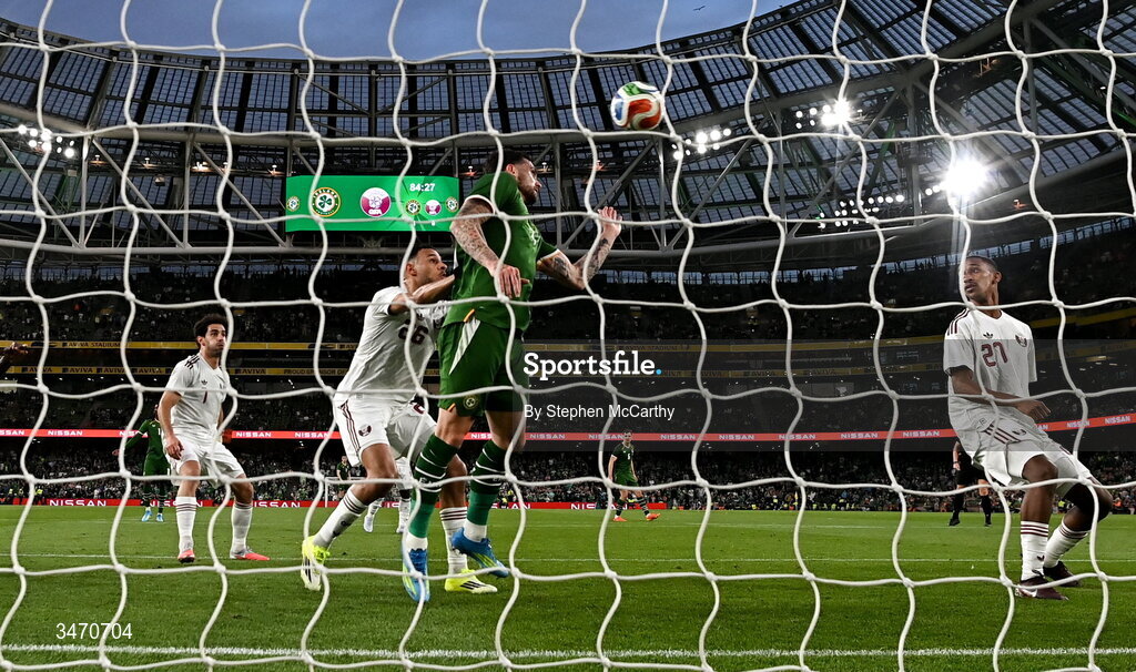 28 May 2026; Troy Parrott of Republic of Ireland in action against Mohamed Al-Mannai of Qatar during the international friendly match between Republic of Ireland and Qatar at the Aviva Stadium in Dublin. Photo by Stephen McCarthy/Sportsfile