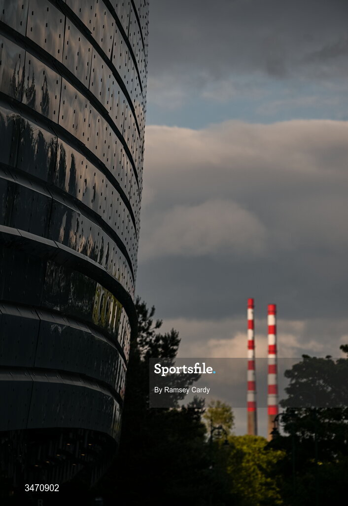 28 May 2026; The Poolbeg Stacks alongside the Aviva Stadium before the international friendly match between Republic of Ireland and Qatar at the Aviva Stadium in Dublin. Photo by Ramsey Cardy/Sportsfile